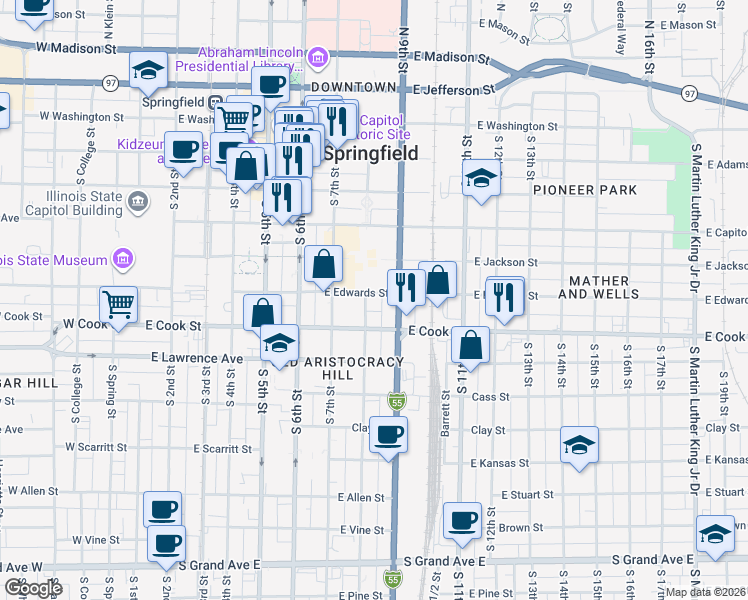 map of restaurants, bars, coffee shops, grocery stores, and more near in Springfield