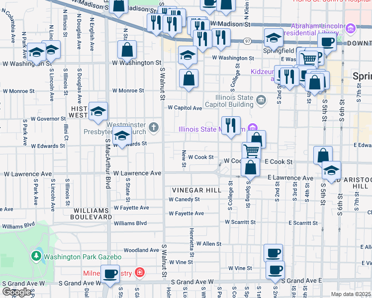 map of restaurants, bars, coffee shops, grocery stores, and more near 517 West Edwards Street in Springfield