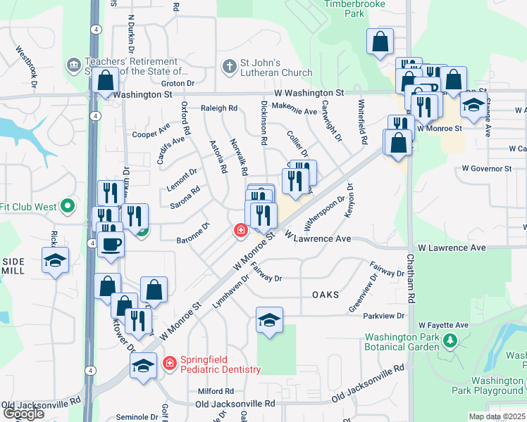 map of restaurants, bars, coffee shops, grocery stores, and more near 310 Dickinson Road in Springfield