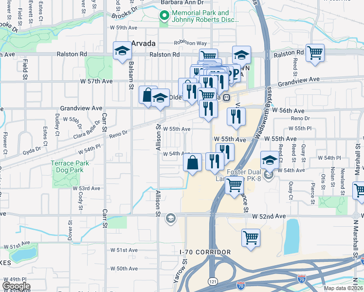 map of restaurants, bars, coffee shops, grocery stores, and more near 5475 Water Tower Promenade in Arvada