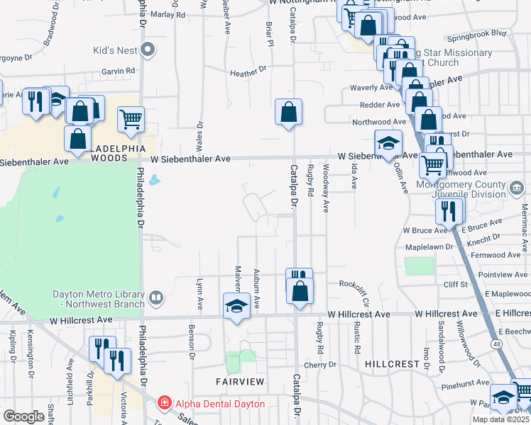 map of restaurants, bars, coffee shops, grocery stores, and more near 530 Daytona Parkway in Dayton