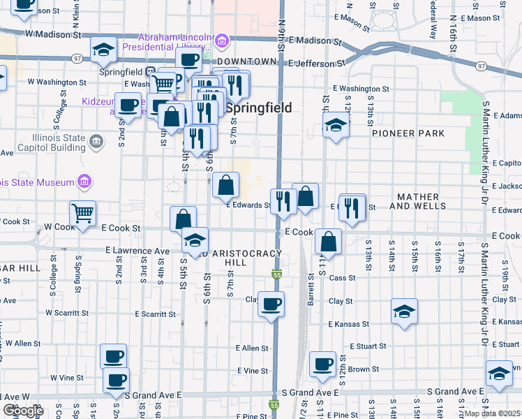 map of restaurants, bars, coffee shops, grocery stores, and more near in Springfield