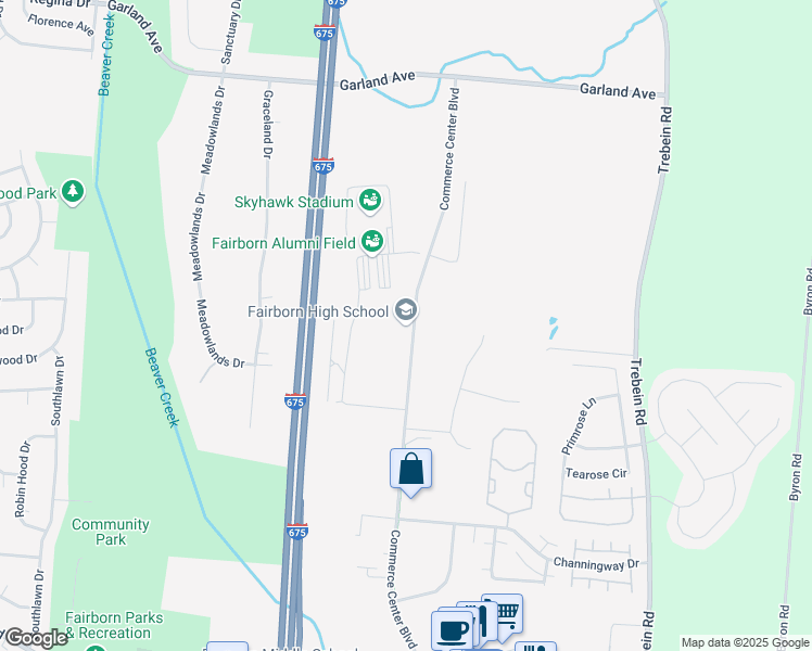 map of restaurants, bars, coffee shops, grocery stores, and more near 1523 Commerce Center Boulevard in Fairborn
