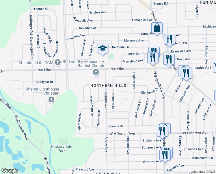 map of restaurants, bars, coffee shops, grocery stores, and more near 3342 Arlene Avenue in Dayton