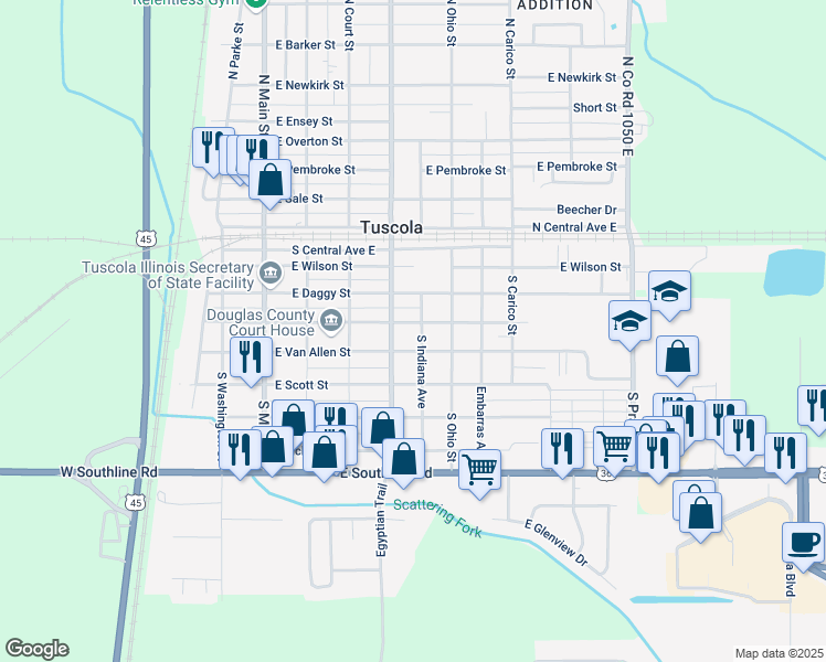 map of restaurants, bars, coffee shops, grocery stores, and more near 307 South Niles Avenue in Tuscola