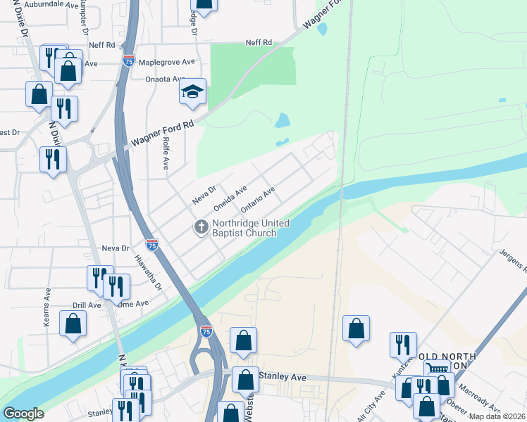 map of restaurants, bars, coffee shops, grocery stores, and more near 2621 Ontario Avenue in Dayton