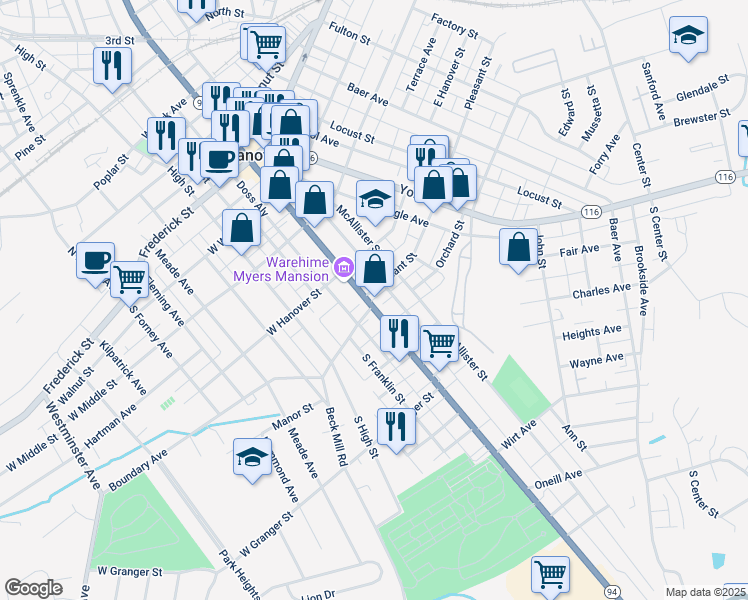 map of restaurants, bars, coffee shops, grocery stores, and more near 404 Baltimore Street in Hanover