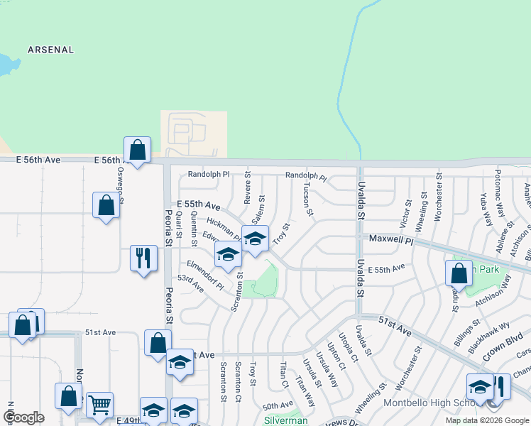 map of restaurants, bars, coffee shops, grocery stores, and more near 5537 Scranton Street in Denver