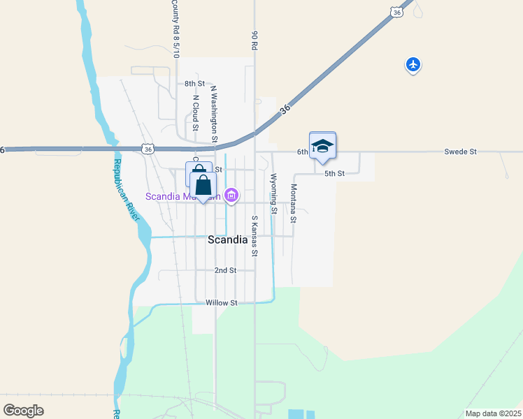 map of restaurants, bars, coffee shops, grocery stores, and more near 405 South Kansas Street in Scandia