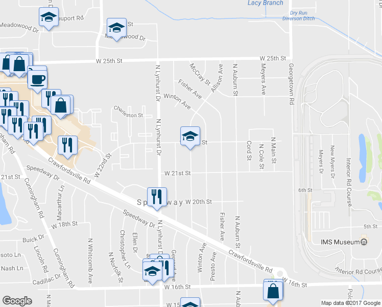 map of restaurants, bars, coffee shops, grocery stores, and more near 5201 West 22nd Street in Indianapolis