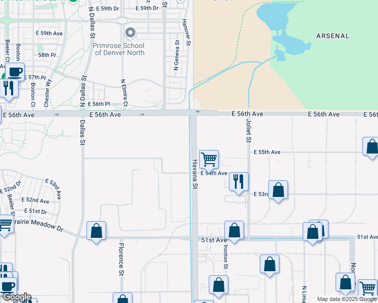 map of restaurants, bars, coffee shops, grocery stores, and more near 5200-5500 Dayton Street in Denver
