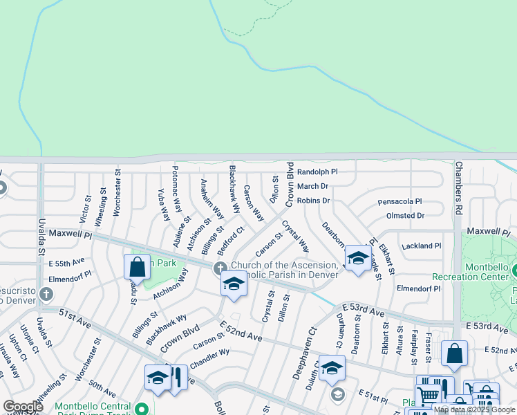 map of restaurants, bars, coffee shops, grocery stores, and more near 5554 Crystal Way in Denver