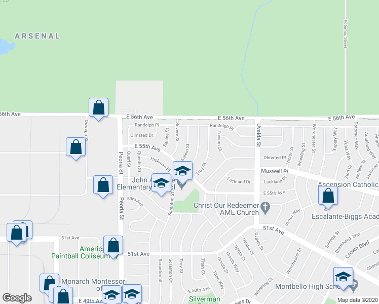 map of restaurants, bars, coffee shops, grocery stores, and more near 5537 Scranton Street in Denver