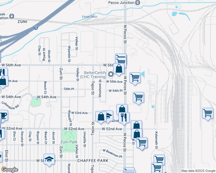 map of restaurants, bars, coffee shops, grocery stores, and more near 5480 Raritan Way in Denver