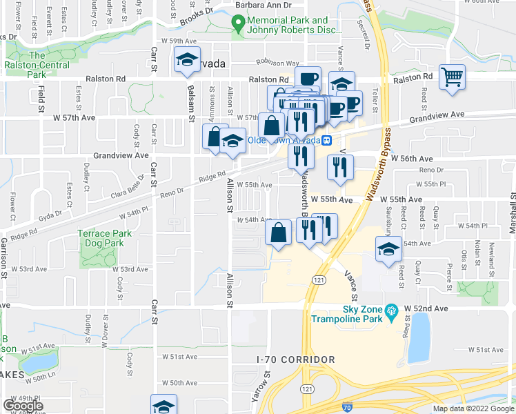 map of restaurants, bars, coffee shops, grocery stores, and more near 5475 Water Tower Promenade in Arvada