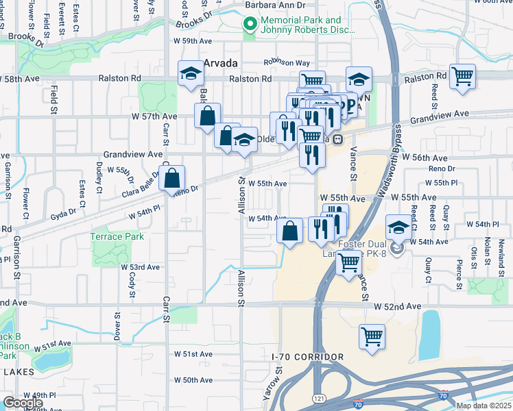 map of restaurants, bars, coffee shops, grocery stores, and more near 5467 Zephyr Court in Arvada
