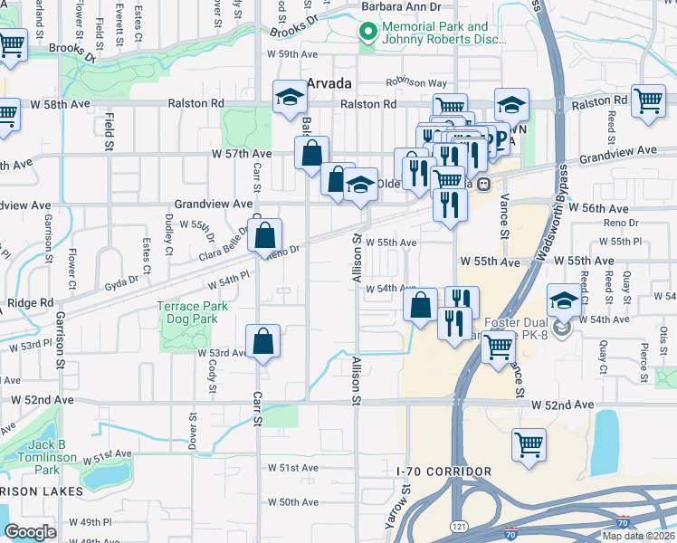 map of restaurants, bars, coffee shops, grocery stores, and more near 8155 West 54th Lane in Arvada