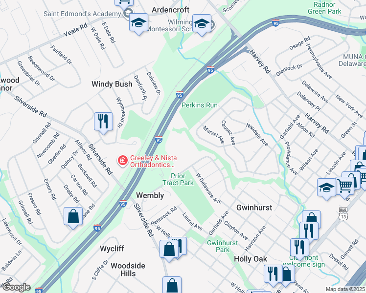 map of restaurants, bars, coffee shops, grocery stores, and more near 607 Smyrna Avenue in Wilmington