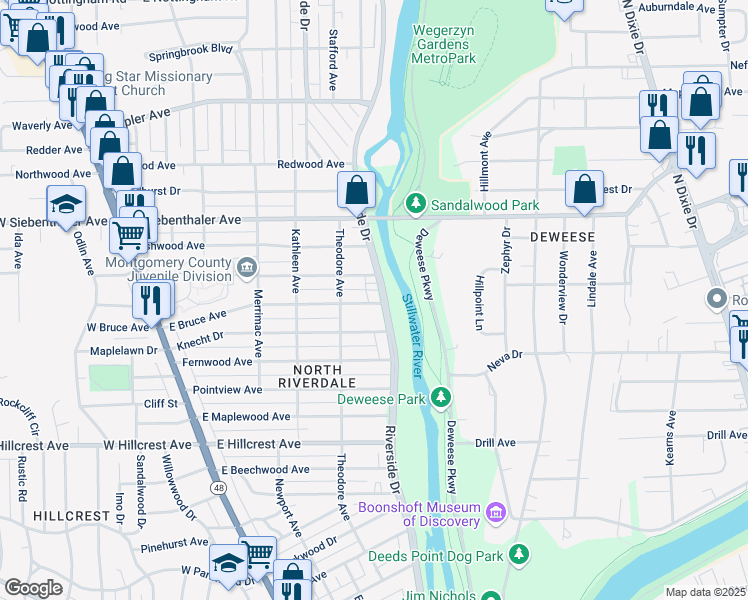 map of restaurants, bars, coffee shops, grocery stores, and more near 3321 Riverside Drive in Dayton