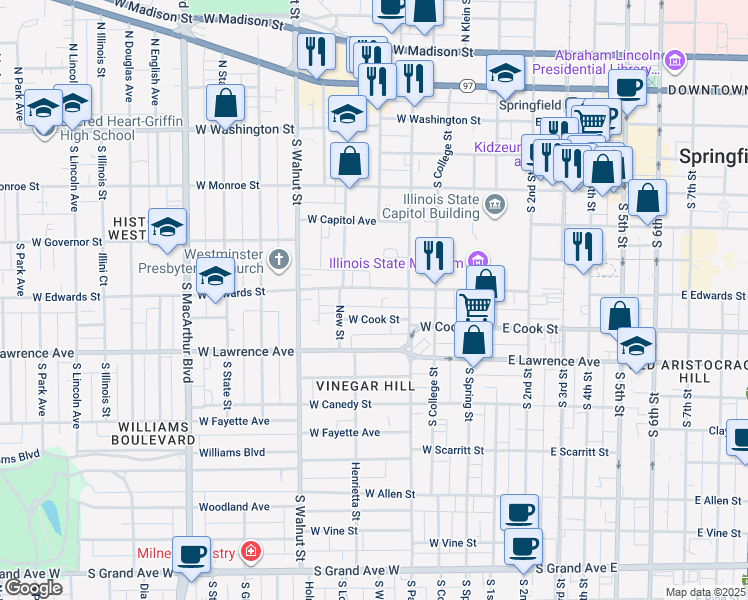 map of restaurants, bars, coffee shops, grocery stores, and more near 417 West Edwards Street in Springfield