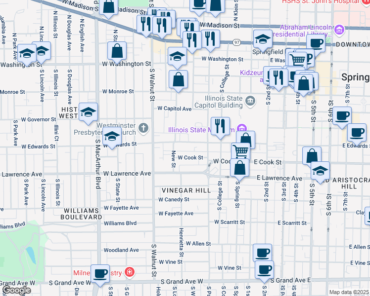 map of restaurants, bars, coffee shops, grocery stores, and more near 517 West Edwards Street in Springfield