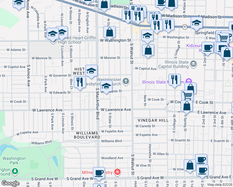map of restaurants, bars, coffee shops, grocery stores, and more near 811 West Edwards Street in Springfield