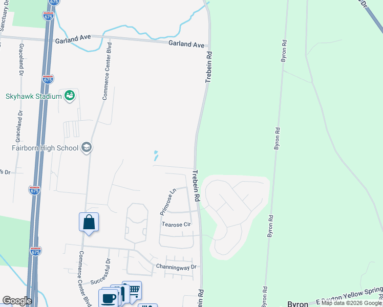 map of restaurants, bars, coffee shops, grocery stores, and more near 1525 Trebein Road in Fairborn