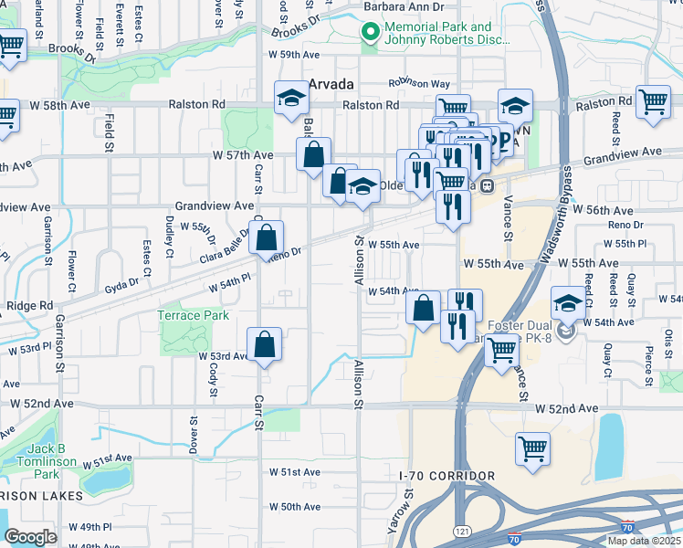 map of restaurants, bars, coffee shops, grocery stores, and more near 8155 West 54th Lane in Arvada