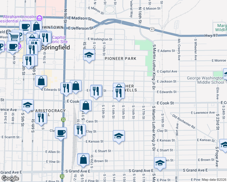 map of restaurants, bars, coffee shops, grocery stores, and more near 601 South 14th Street in Springfield
