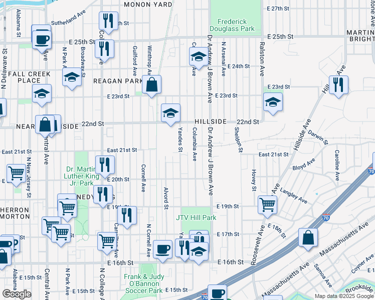 map of restaurants, bars, coffee shops, grocery stores, and more near 2069 Yandes Street in Indianapolis