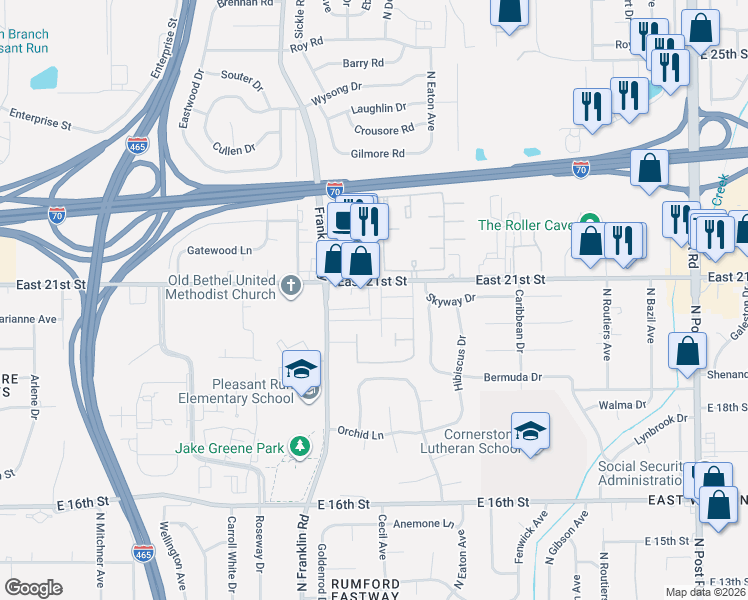 map of restaurants, bars, coffee shops, grocery stores, and more near 8140 East 21st Street in Indianapolis