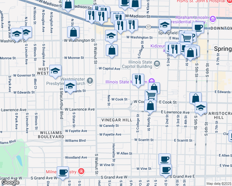 map of restaurants, bars, coffee shops, grocery stores, and more near 517 West Edwards Street in Springfield