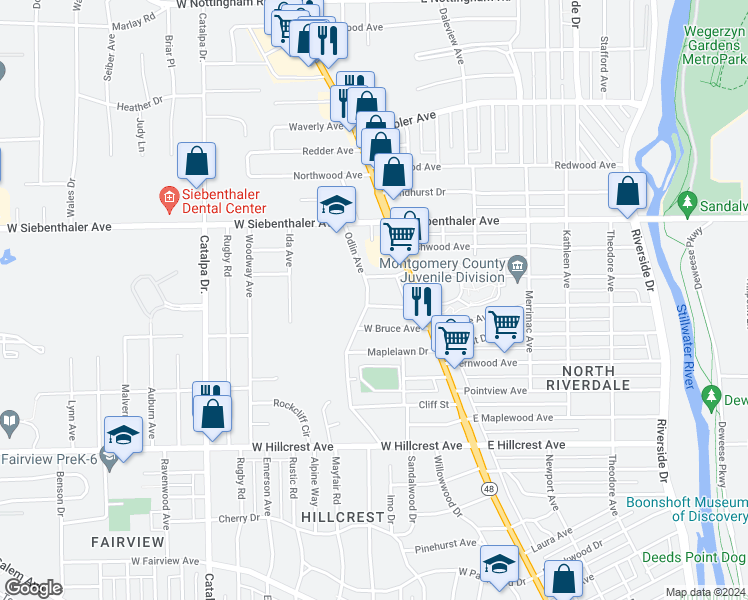 map of restaurants, bars, coffee shops, grocery stores, and more near 55 Forest Glen Avenue in Dayton
