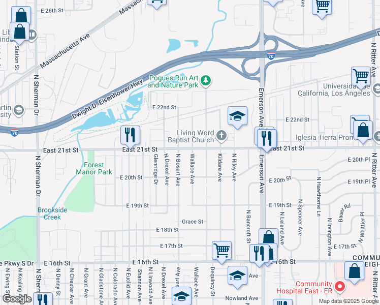 map of restaurants, bars, coffee shops, grocery stores, and more near 4728 East 21st Street in Indianapolis