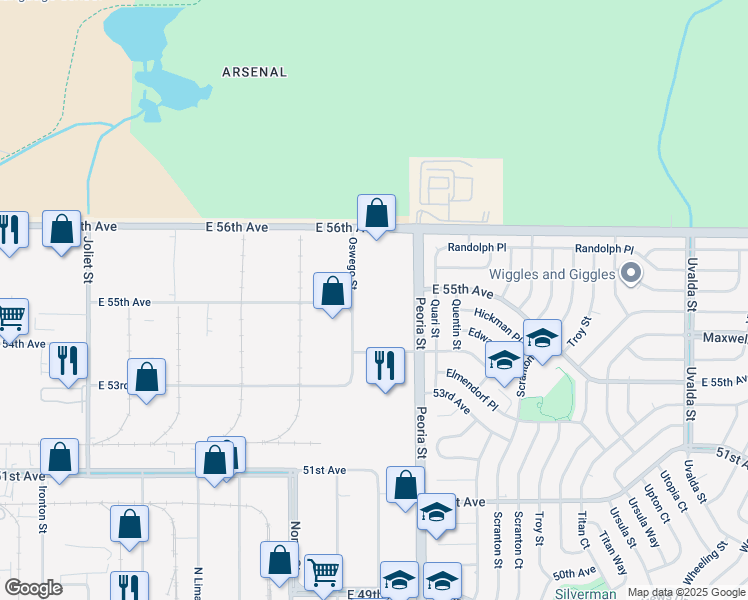 map of restaurants, bars, coffee shops, grocery stores, and more near 5475 Peoria Street in Denver