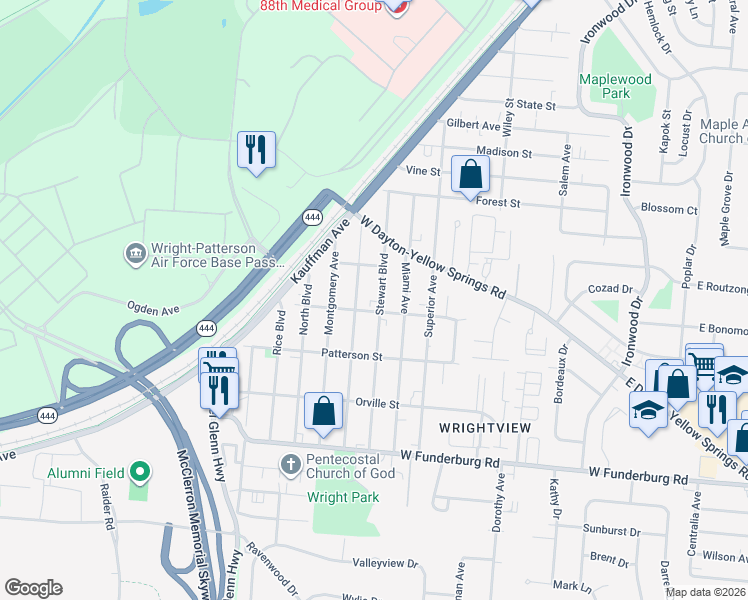 map of restaurants, bars, coffee shops, grocery stores, and more near 1624 Stewart Boulevard in Fairborn