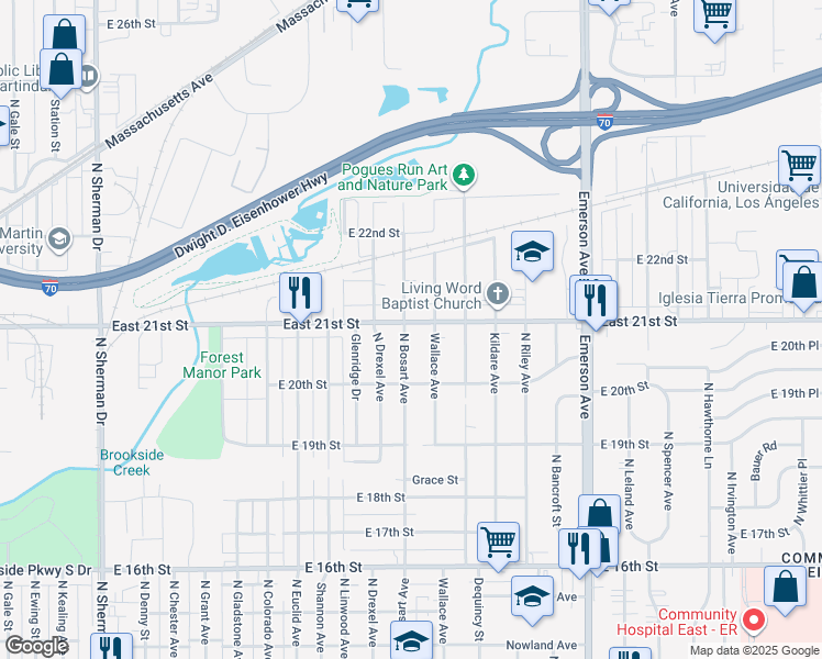map of restaurants, bars, coffee shops, grocery stores, and more near 4728 East 21st Street in Indianapolis