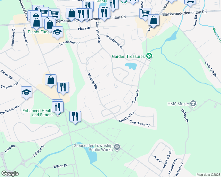 map of restaurants, bars, coffee shops, grocery stores, and more near 1716 Manor Place in Clementon