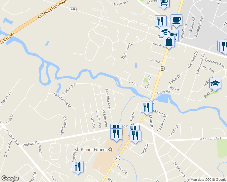 map of restaurants, bars, coffee shops, grocery stores, and more near 101 Ferndale Avenue in Mantua Township