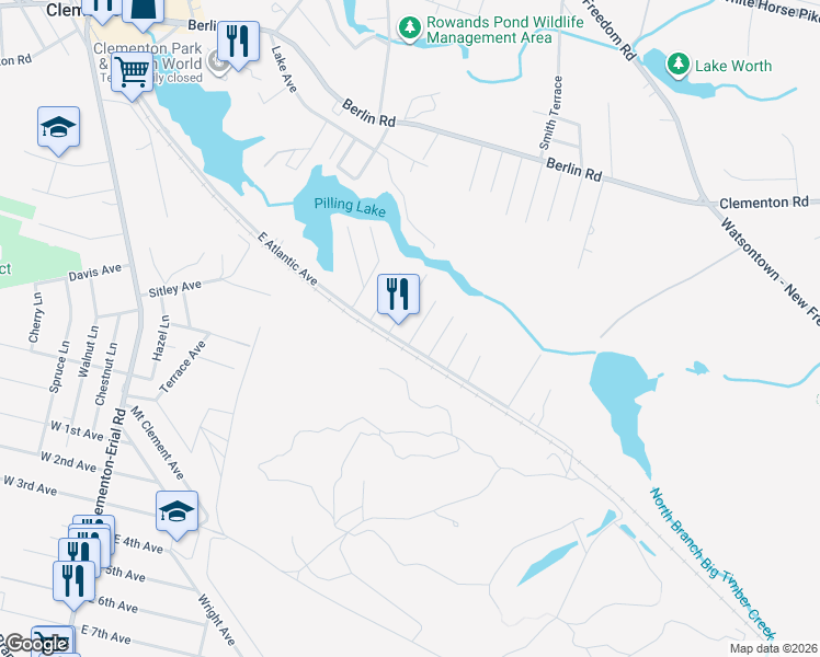 map of restaurants, bars, coffee shops, grocery stores, and more near 27 Overington Avenue in Clementon