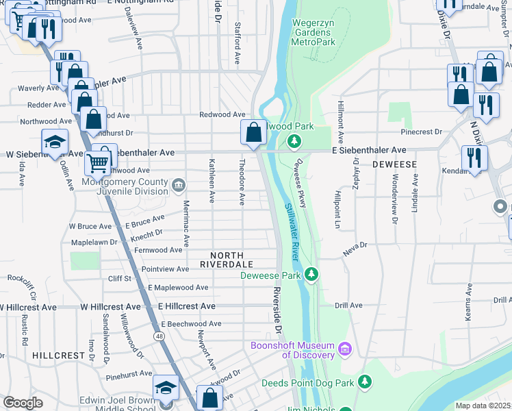 map of restaurants, bars, coffee shops, grocery stores, and more near 421 East Bruce Avenue in Dayton