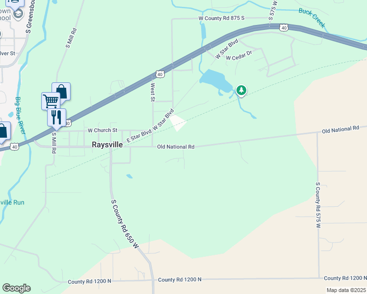 map of restaurants, bars, coffee shops, grocery stores, and more near 8149 Old US Highway 40 in Knightstown
