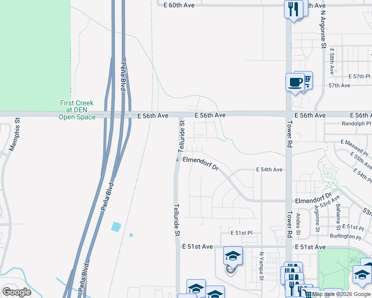 map of restaurants, bars, coffee shops, grocery stores, and more near 17702 East 56th Avenue in Denver
