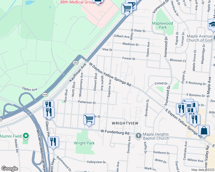 map of restaurants, bars, coffee shops, grocery stores, and more near 1623 Superior Avenue in Fairborn