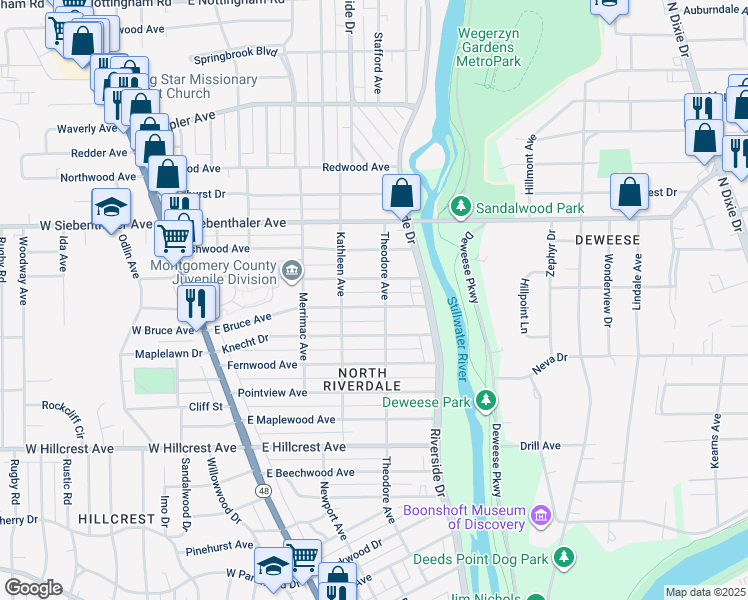 map of restaurants, bars, coffee shops, grocery stores, and more near 336 Ryburn Avenue in Dayton