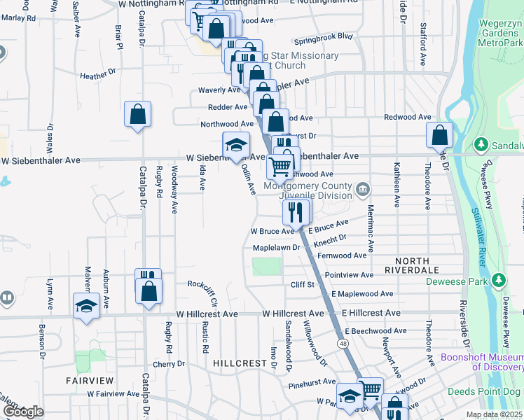 map of restaurants, bars, coffee shops, grocery stores, and more near 46 Maylan Drive in Dayton