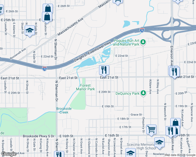 map of restaurants, bars, coffee shops, grocery stores, and more near 4314 East 21st Street in Indianapolis