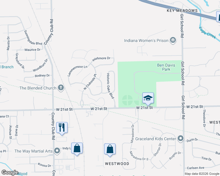 map of restaurants, bars, coffee shops, grocery stores, and more near 2245 Historic Oaks Boulevard in Indianapolis