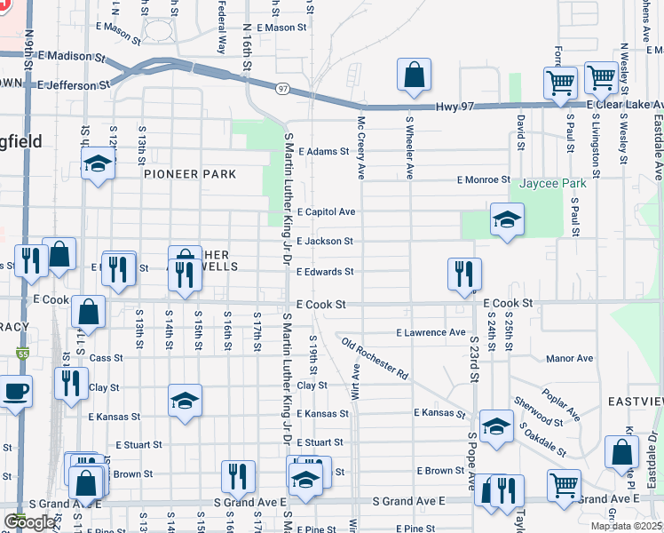 map of restaurants, bars, coffee shops, grocery stores, and more near 1911 East Edwards Street in Springfield