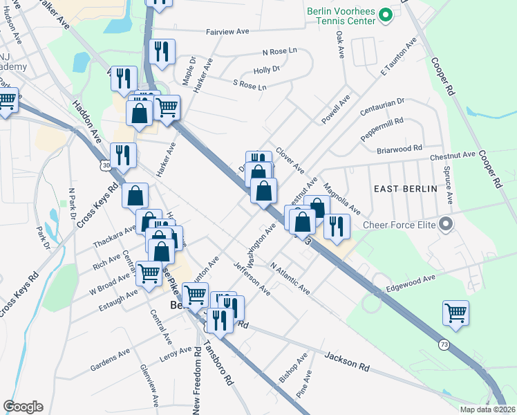map of restaurants, bars, coffee shops, grocery stores, and more near 192 New Jersey 73 in Voorhees Township